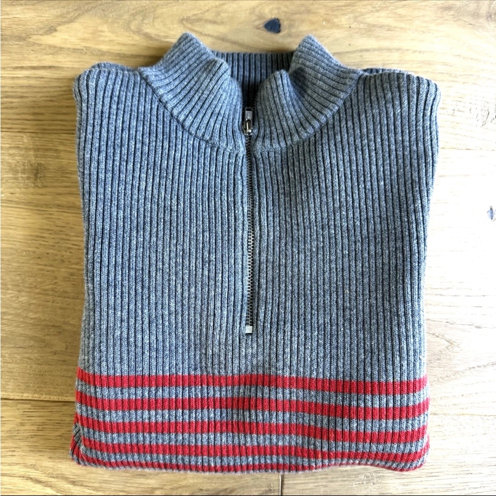 ISDA&CO Women’s Small Gray Red Cotton Mock Neck Sweater Zip Ribbed Pullover